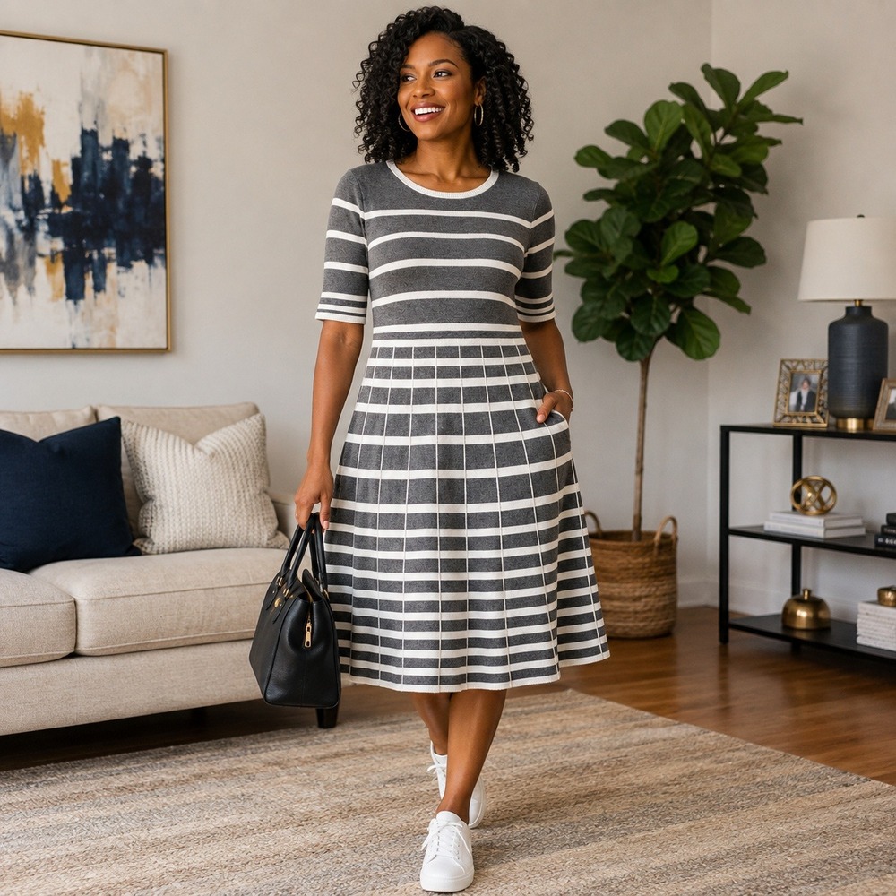 Gabby Skye XL Gray White Striped Grid Knit Fit Flare Sweater Dress Career Casual